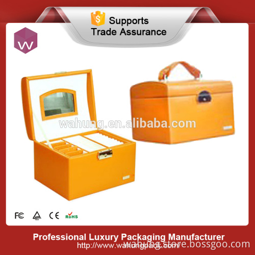 Large orange leather travel cosmetic box case (WH-3325)